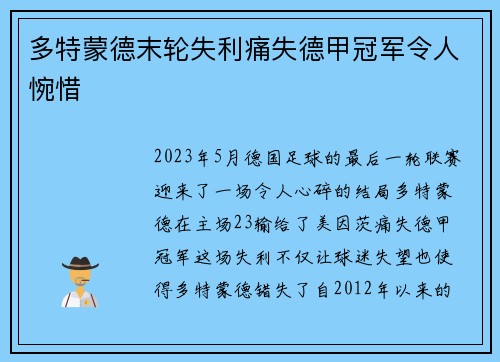 多特蒙德末轮失利痛失德甲冠军令人惋惜